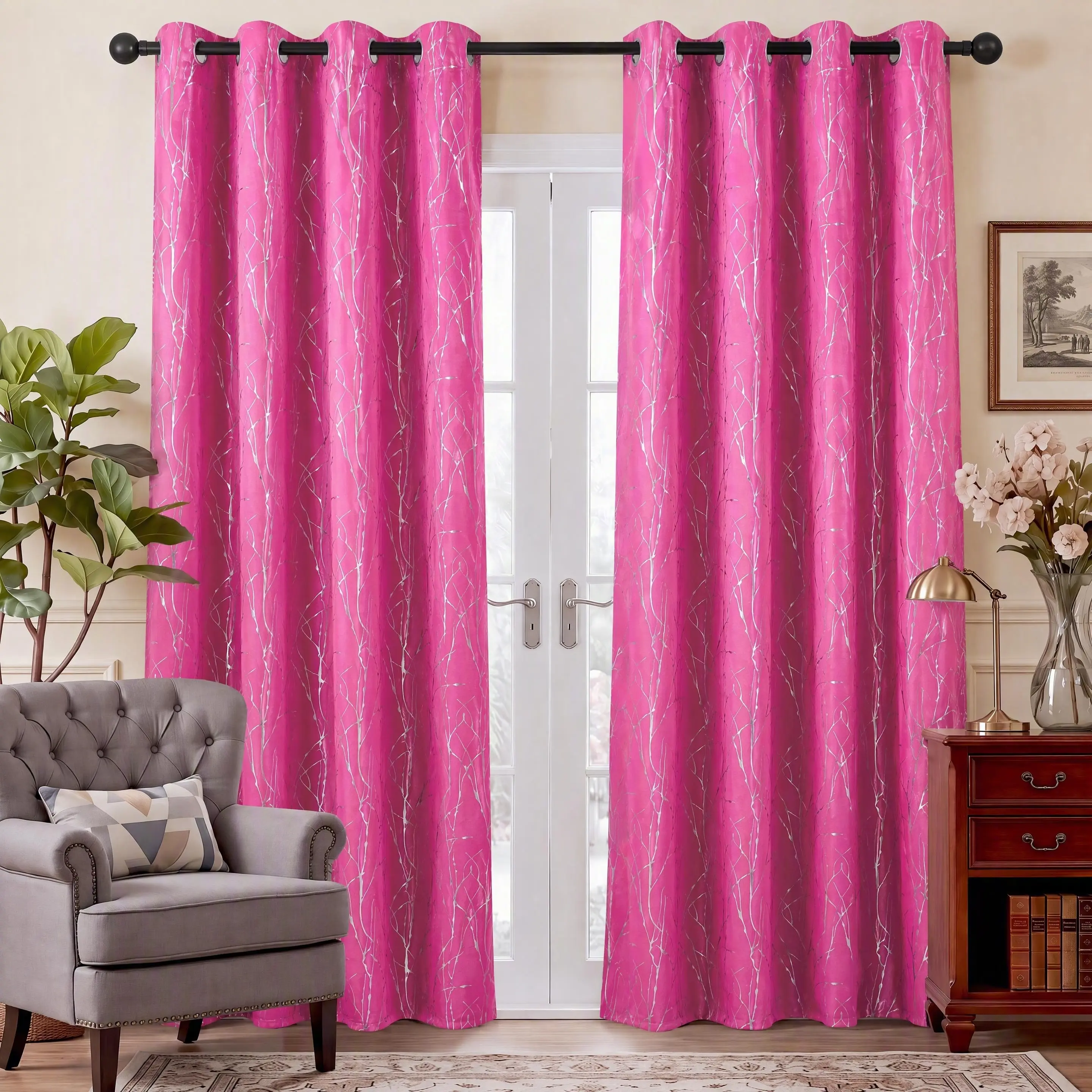 2-Panel Blackout Metal Grommet Curtains, Traditional Durable Fade-Resistant Flat Weave Drapes with Silver Metallic Foil Twig Tree Branch Print, Noise-Insulating Modern Glam Window Treatments for Bedroom Living Room (Hand Wash Only) QF900