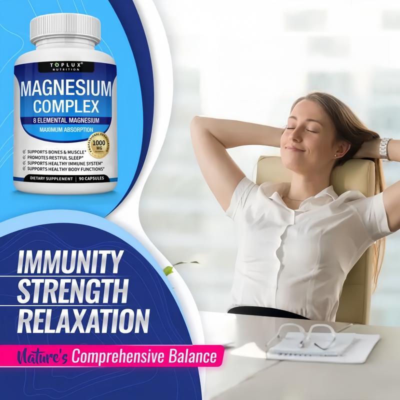 1 Bottles of TopLux Nutrition Magnesium Complex 1000mg 90 Capsules 7 Elemental Sources Men Women Bone Muscle Sleep Immune Support Nature Decent Fitness Dietary Supplement Malate Taurate Chelated for Easy Absorption for Bones Muscle Recovery Energy