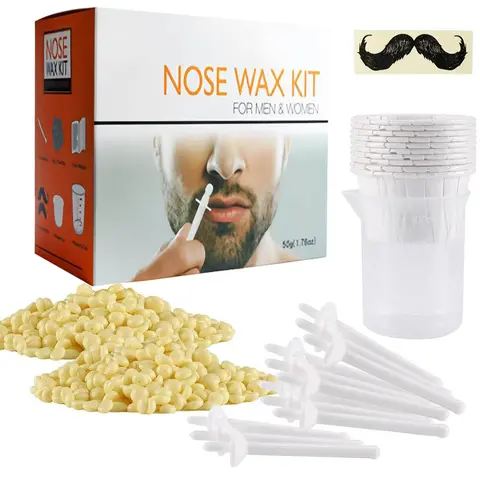Nose & Ear Hair Removal Hard Wax Kit for Men & Women - 50g Hypo-allergenic Hard Wax Beads, 50 Applicators (20-30 Uses), Pain-Free 3-Min Fast Waxing, Microwave Heat, Safe Easy Cosmetic Body Care Grooming Solution