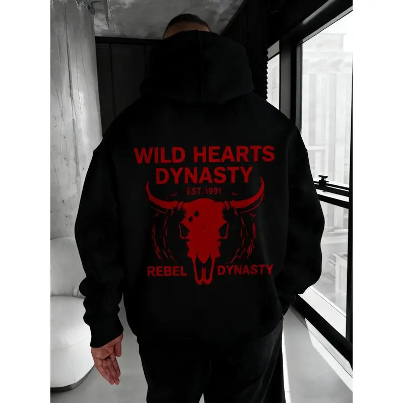 Rebel Family Outlaw Bloodline Hoodie, Red Skull Graphic Sweatshirt, Trendy Country Apparel for Men, Rebel Style Hoodie for Daily Wear, Casual Long Sleeve Hoodie for Fall & Winter, Bold Graphic Hoodie for Outlaw Fans