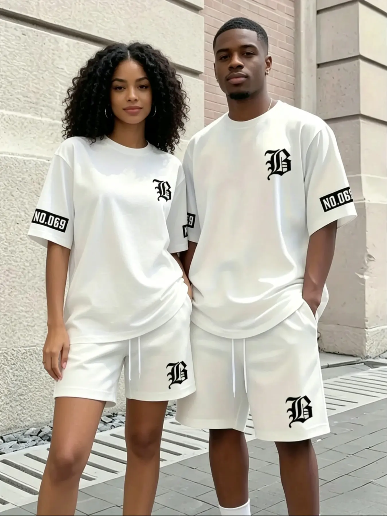 New Couples Matching T-Shirt and Shorts Set, Same Sizing for Men and Women, Sold as a Single Set, Purchase One Men's Set and One Women's Set for a Pair