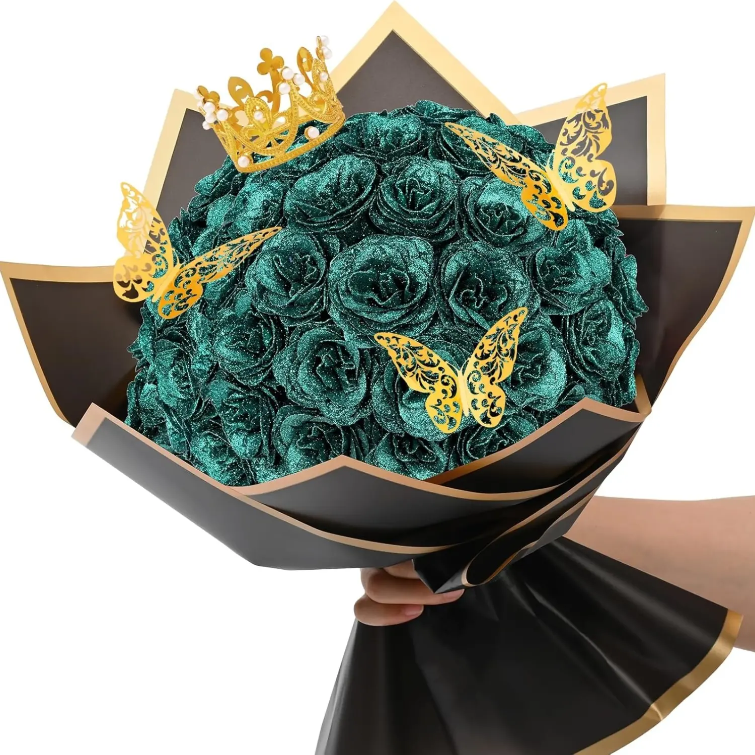 24 Pcs Artificial Flowers Glitter Roses Bouquet, Valentine's Day DIY Fake Flowers Bouquet, Dark Green Artificial Flower, Mother's Day Valentines, Wedding, Christmas Decoration, Bouquet Decorations, Artificial Bouquets, Decorative Flowers Bouquet