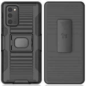 Case with Clip for Galaxy Note 20, Nakedcellphone Black Rugged Ring Grip Cover [with Stand and Built-In Mounting Plate] + [Belt Hip Holster] for Samsung Galaxy Note 20 Phone (SM-N980, SM-N981)