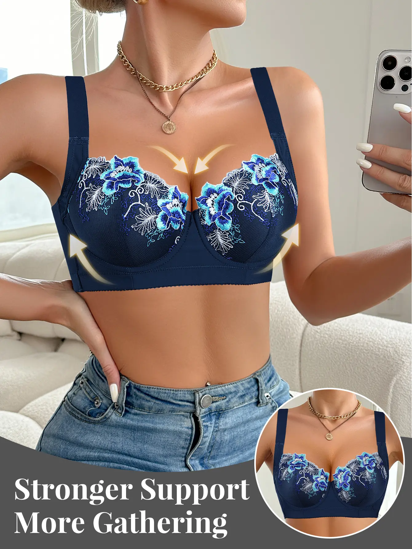 Mimilemon Women's Plus Size Embroidered Push-Up Bra, Full Cup Underwire Style Lingerie with Side Support and Wide Back Smoothing Band, Clothes, Halloween, Christmas, Birthday, Family, Adjustable, Thanksgiving, Romance, Fantasy, Embroidery, Straps, Valenti