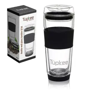 Double Wall Glass Tumbler - 14-Ounce, All Glass Reusable Insulated Tea/Coffee Mug & Lid, Hand Blown Glass Travel Mug