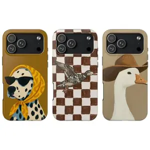 Whimsical Aesthetic Phone Case – Retro Dalmatian, Checkerboard Duck & Cowboy Goose Art |   Cute Western Cottagecore Cover for iPhone 17 16 15 14 13 12 11 Air ProMax Plus