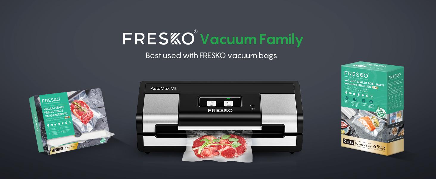 FRESKO AutoMax V8 Heavy Duty Vacuum Sealer Machine, Automatic Food Saver with Dry & Moist Modes, Built-in Cutter & Bag Storage, Includes Bags & Rolls