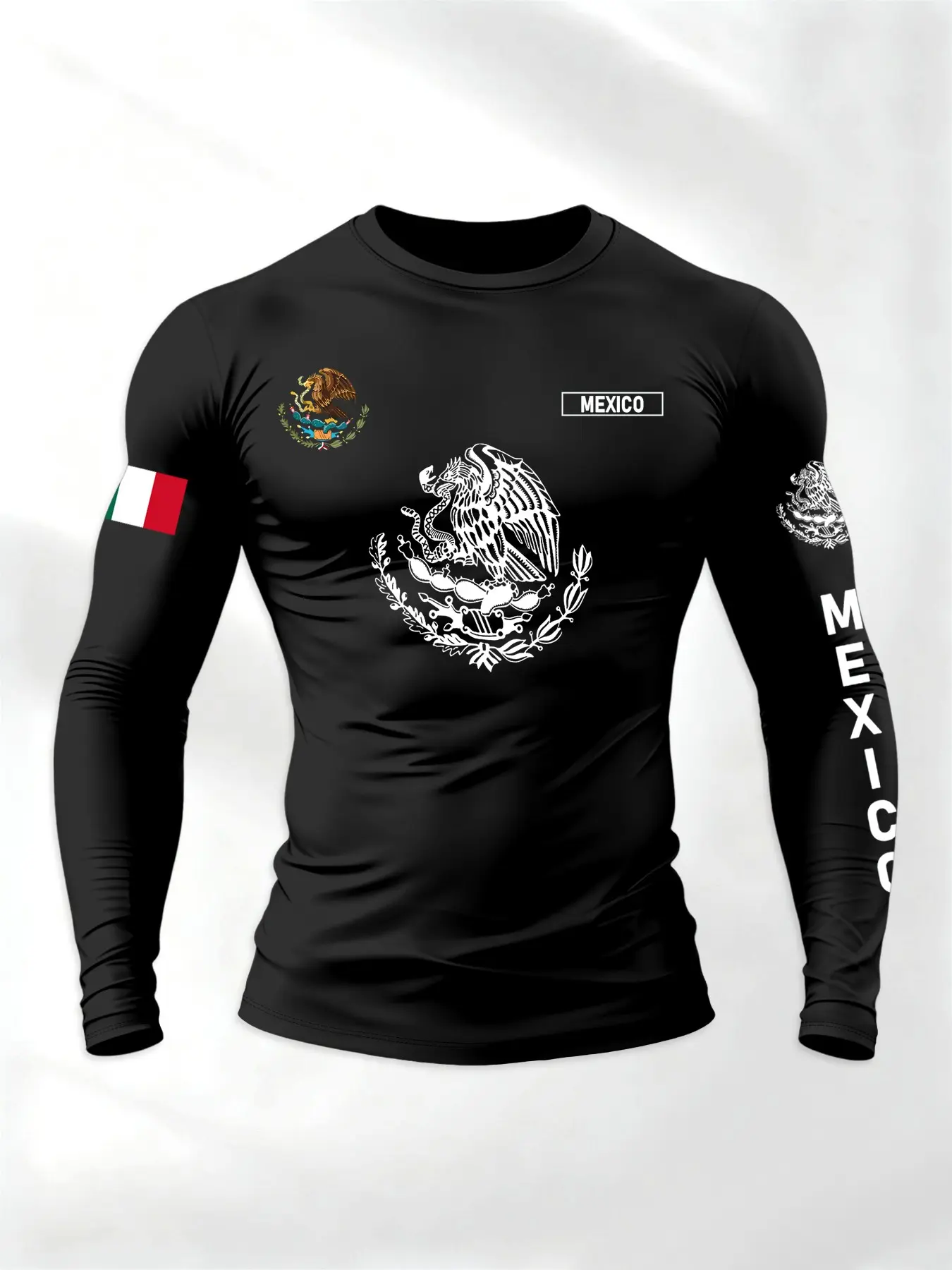 Men's Sporty Long Sleeve T-Shirt, Spring & Fall Fashion Round Neck, Mexican Eagle Snake Letter Pattern, Comfortable Streetwear