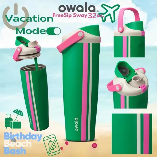 Owala 32oz FreeSip Sway Vacation Mode Water Bottle, Birthday Beach Bash Leakproof Travel Tumbler