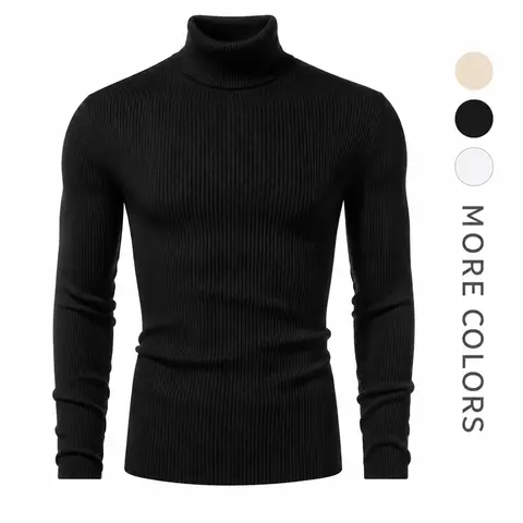 #SohoChic Men's High Neck Knitting Raised Rib Fitted Long-Sleeve Lightweight Soft Foldable Polyester Base Layer Pullover, Casual Top for Holiday, New Year (Beige, M)