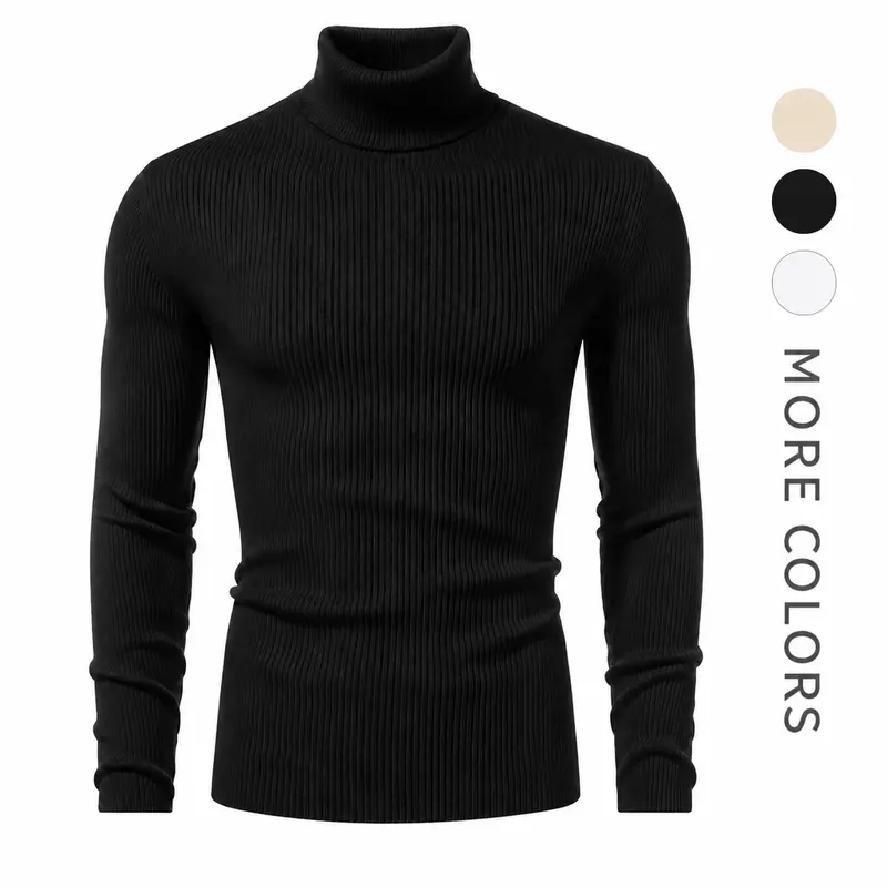 #SohoChic Men's High Neck Knitting Raised Rib Fitted Long-Sleeve Lightweight Soft Foldable Polyester Base Layer Pullover, Casual Top for Holiday, New Year (Beige, M)