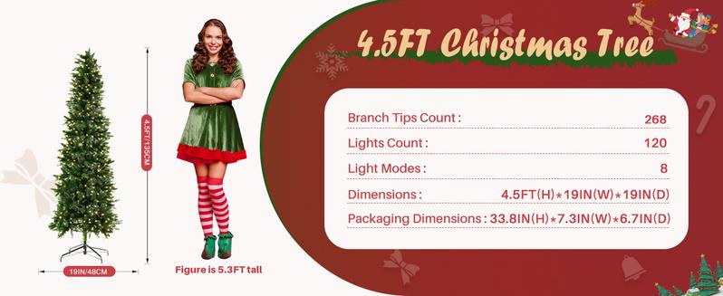Pre-lit Pencil Christmas Tree, Green Artificial Spruce Slim Christmas Trees with 250 Incandescent Lights, 571 Branch Tips & Foldable Base for Home, Office, Party Decoration