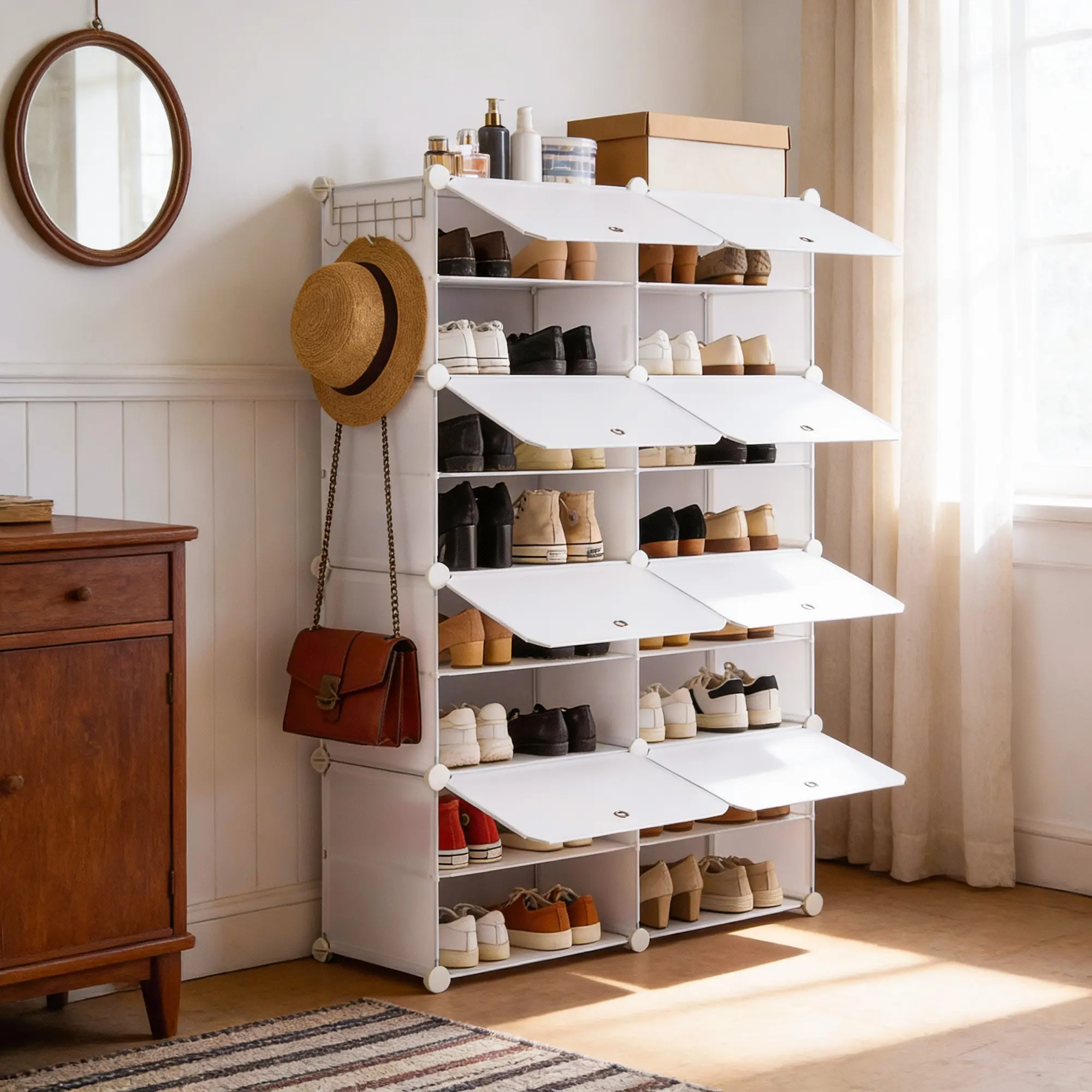Sweetcrispy S-Shoe Rack Organizer - 6/8-Tier, 24/32-Capacity, Sturdy Metal Frame, Black & White Plastic Panels, Side Hooks, Waterproof, Durable Reinforced, Easy Installation, Storage Organization, House Organizers, Apartment Accessories, for Entryways