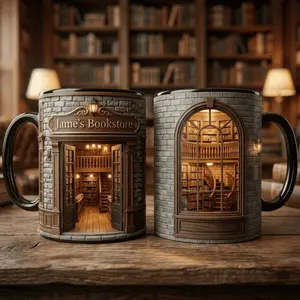 Custom Name Miniature Brick Bookstore Faux 3D Mug, Faux 3D Optical Illusion Bookstore Coffee Mug, Miniature Library Bookstore Tea Mug