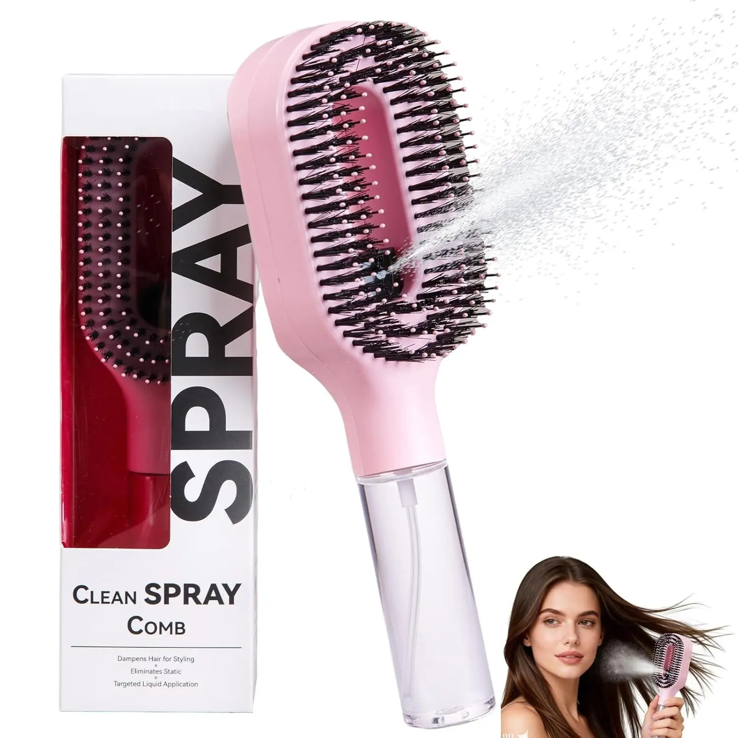 Hair Brush Original with Water Spray Bottle, Misting Hair Brush, 2-in-1 Smoothing Brush, Portable Dry & Wet Styling Tool, Anti-Frizz, Travel Hairbrush for Women & Girls, Hair Comb