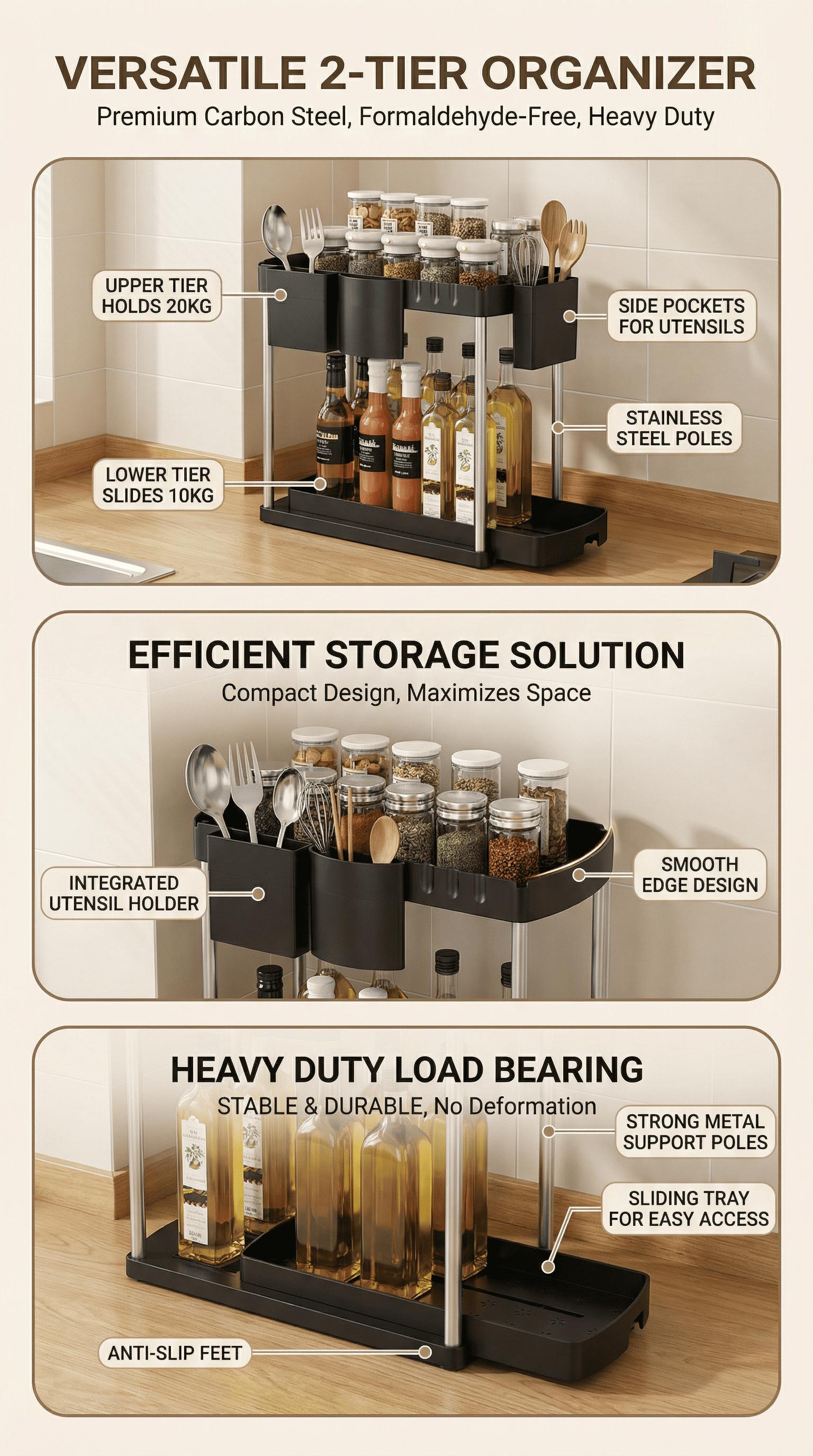 2026 Upgraded 2-Tier Metal Storage Rack – Heavy Duty Space-Saving Organizer with Reinforced Frame & High Load Capacity, Multi-Purpose Shelving Unit for Kitchen, Bathroom, Under Sink, Garage & Pantry Organization