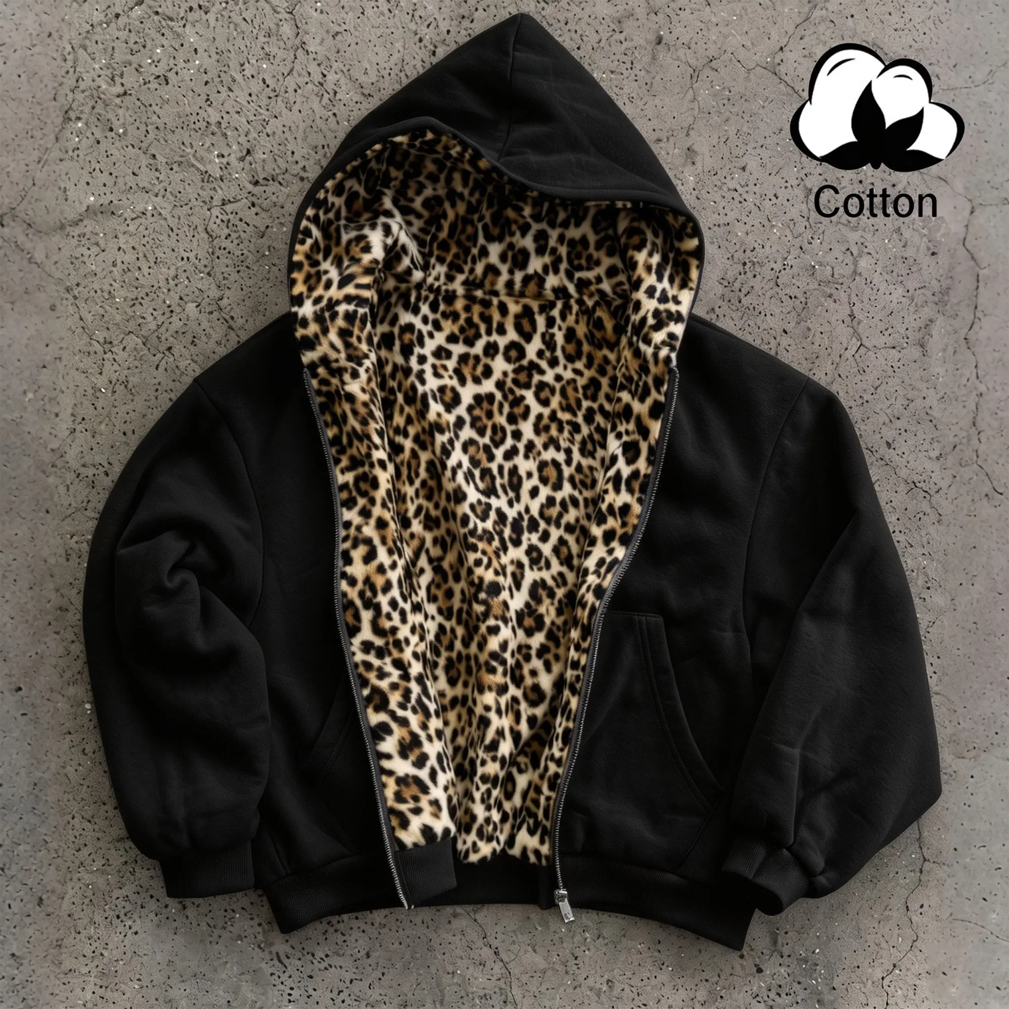 Men and women wear the same double-sided leopard zipper hooded sweater jacket, solid color outer layer with leopard print lining can be worn upside down, loose casual long-sleeved kangaroo hoodie, suitable for work, travel, outdoor and daily wear.