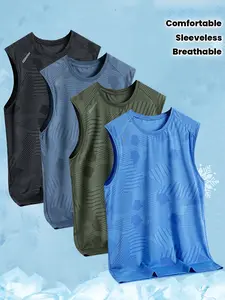 Set of 4 Men’s Colorblock Sleeveless Tank Tops – Breathable, stretchy, comfortable activewear suitable for gym, running, and casual wear – Geometric patterns, crew neck, no chest padding, great gift choice, training tops