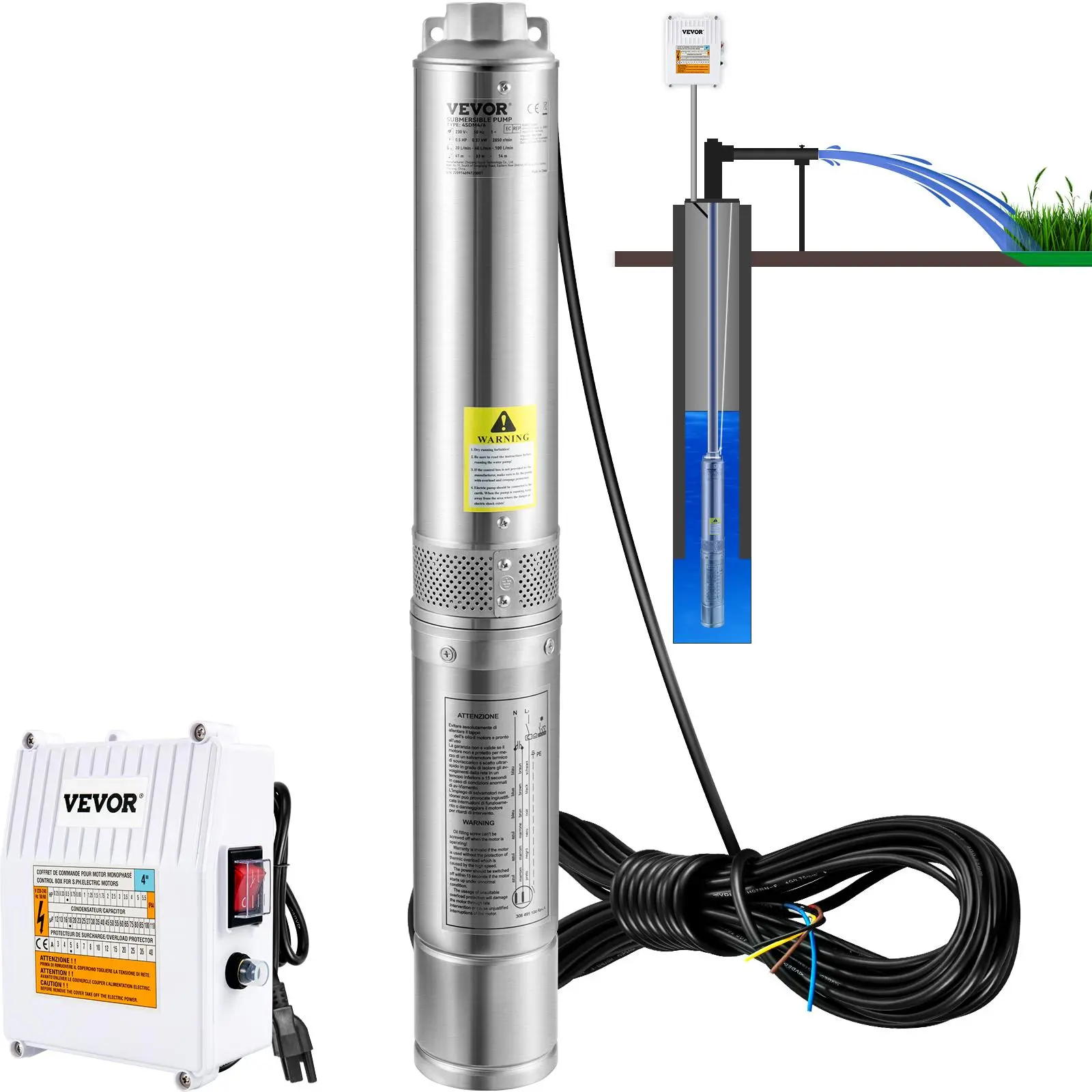 【Backtoschool】VEVOR Deep Well Submersible Pump, 1.5HP 115V/60Hz, 37gpm 276ft Head, with 33ft Cord & External Control Box, 4\" Stainless Steel Water Pump for Industrial, Irrigation and Home Use, IP68 Waterproof