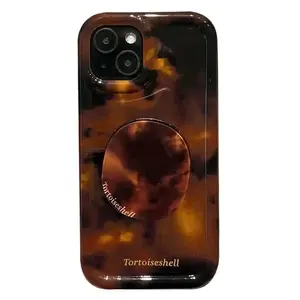 Luxury Amber Tortoiseshell iPhone Case with Pop-Up Grip Holder - Shockproof & Trendy Design for iPhone 17/16/15/14/13/12/11 Pro Max - Aesthetic Korean Style Gift for Women