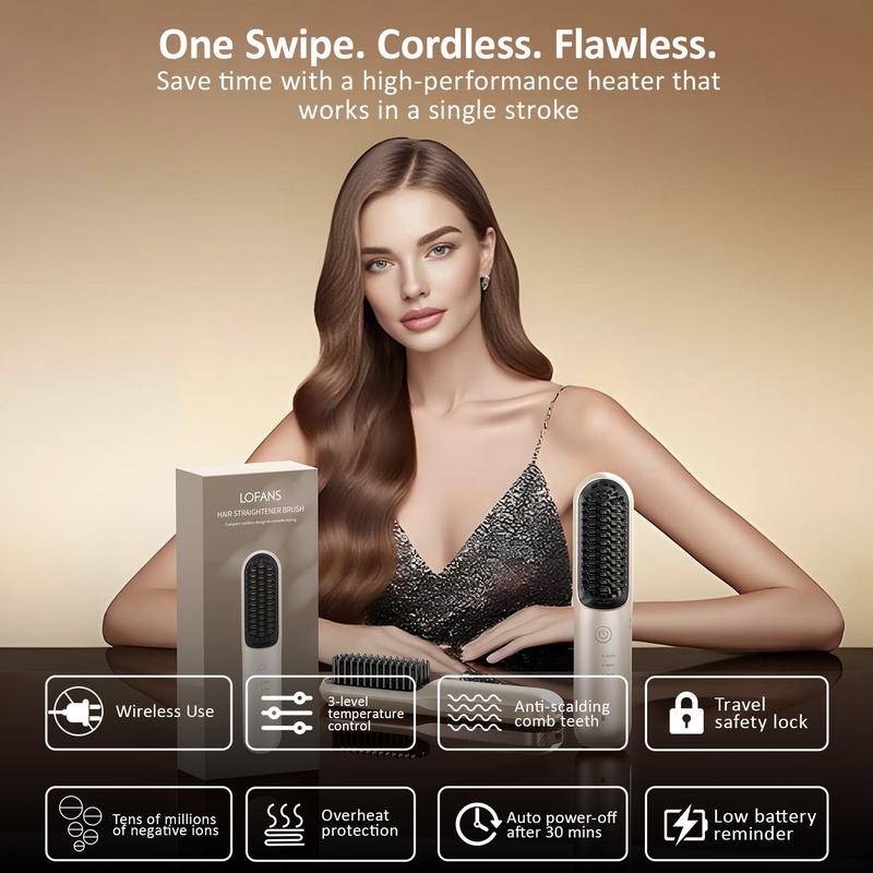 【Wireless Freedom】HS1 Cordless Straightening Brush - 40 Min Runtime, Fast Heat, Double-Layer Anti-Scald, Travel-Friendly, Style Anywhere, Anytime