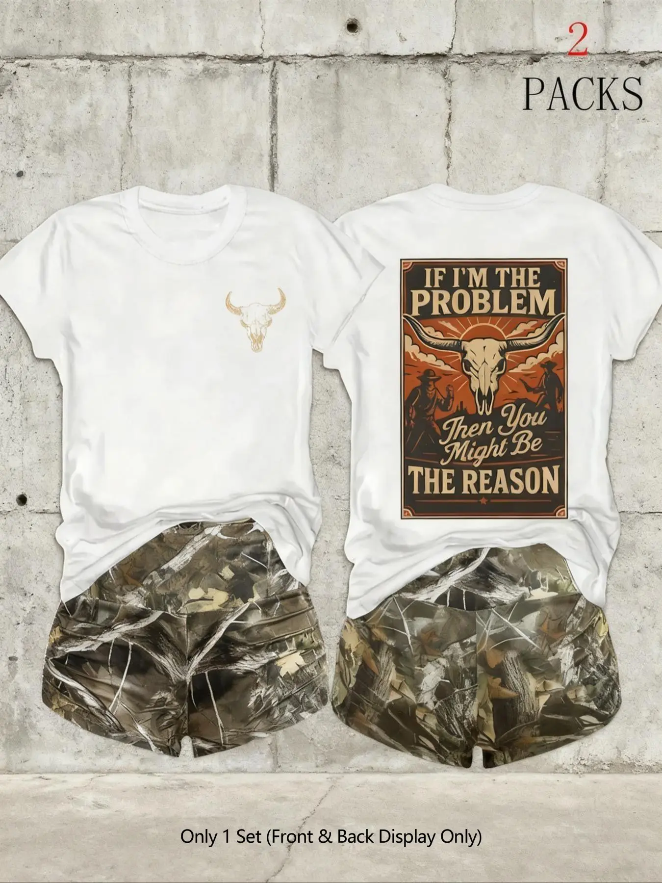 Women's 2-Pack Western Bull Print Short Sleeve Loose T-Shirt & Camo Shorts Set, Soft Casual Fabric, Daily Streetwear Loungewear, Black Beige Pink White Purple Red Multi-Color Options, Clothes