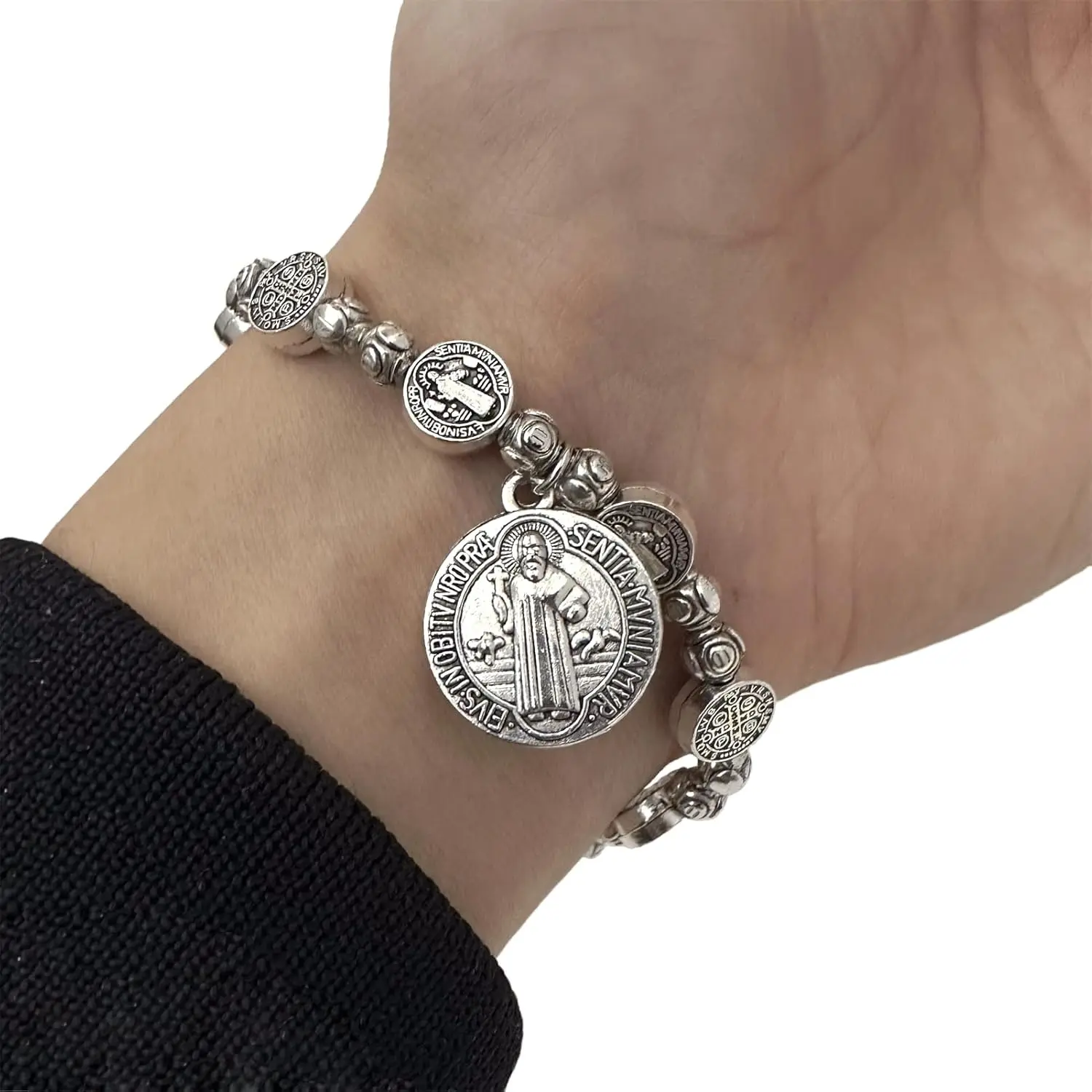 Saint St Benedict Medal Metal Bracelet, Unisex Silver San Benito Rosary Bangle, Elegant Costume Jewelry Charms, Daily Wear Father's Day Gifts,summerwins Religious Wristband