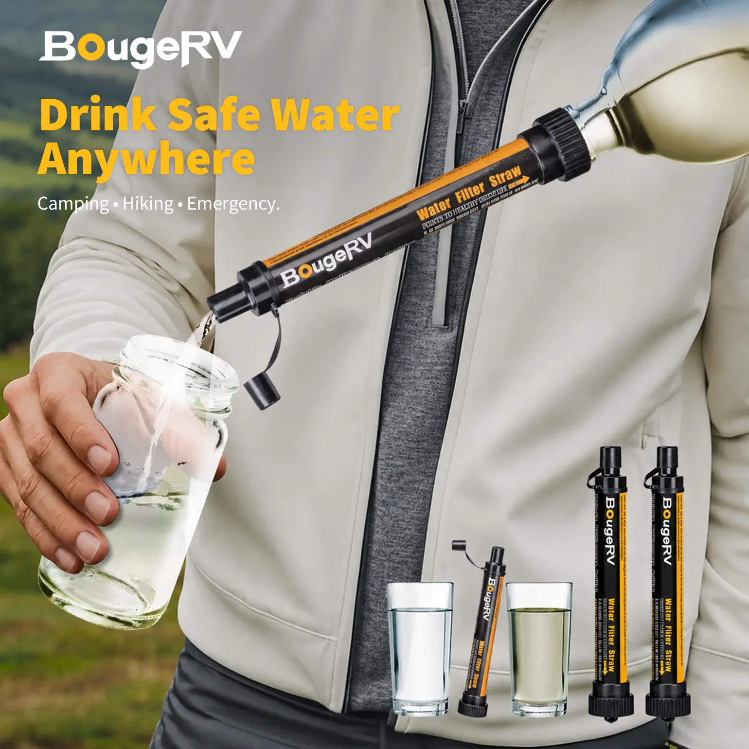 BougeRV Outdoor Water Filter,Portable Emergency Water Straw -Personal Water Filter For Hiking,Camping,Fishing,Lightweight & Compact Design Outdoor Euipment，2 Counts
