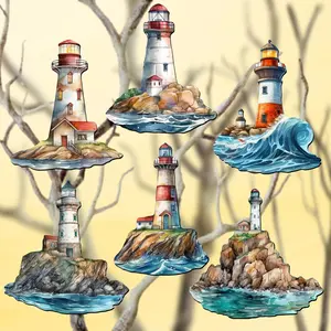 Designocracy 8090022C-S6 2 x 2 x 0.25 in. Lighthouse Decorative Wooden Clip-on Ornaments Coastal Decor, Set of 6