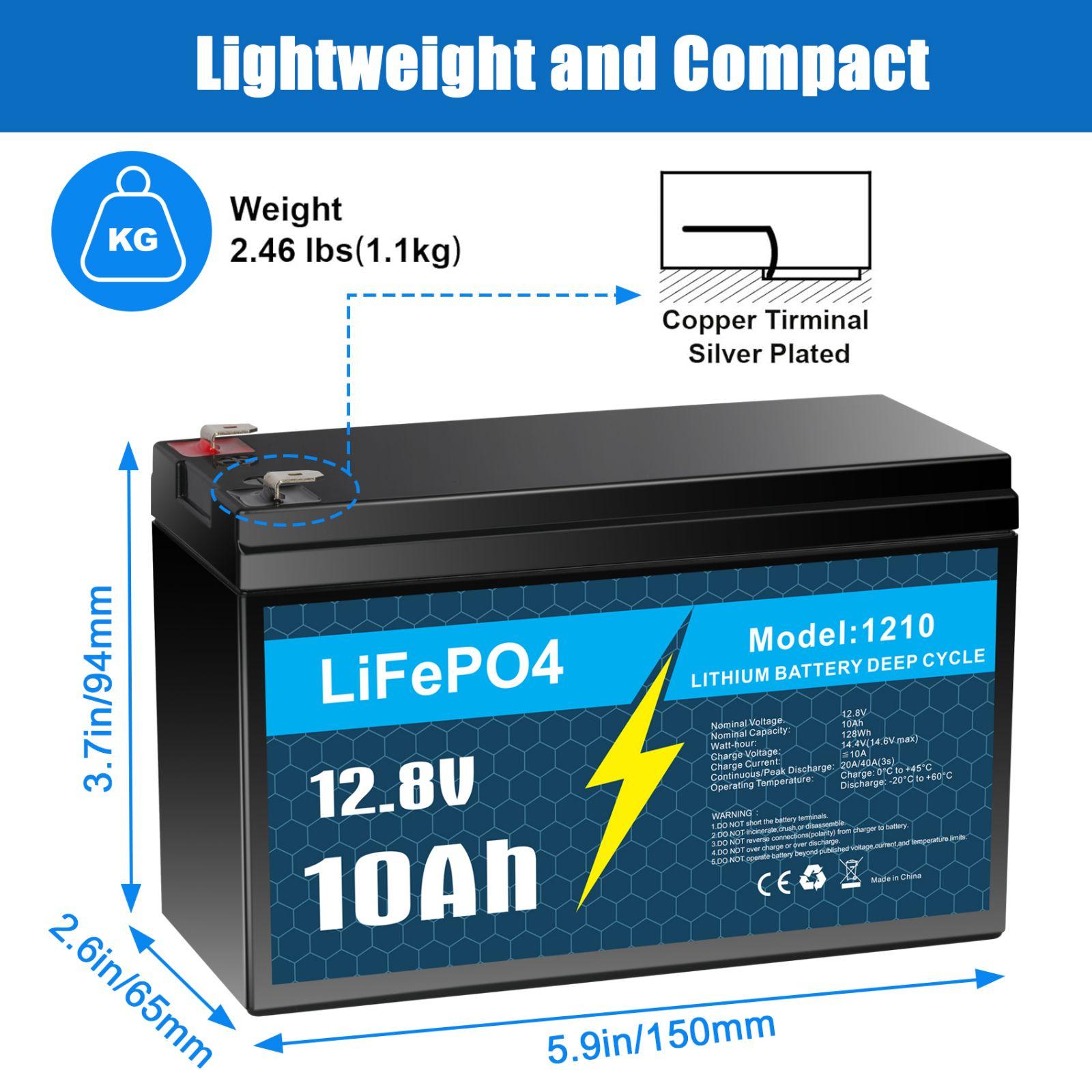 12V 10Ah Lithium LiFePO4 Deep Cycle Battery, 3000+ Cycles Rechargeable Battery for Solar and Wind Power, Fish Finder, Lighting, Power Wheel, Ride-on Toy, UPS, Scooter and More, Built-in 10A BMS