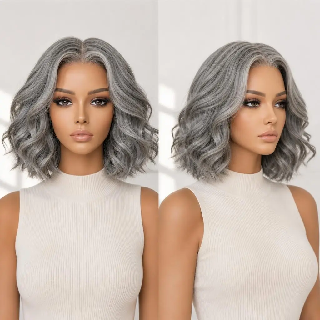 Women's Short Bob Cut Lace Front Wig - Silver Gray Soft Wave Synthetic Wig, Lightweight Heat-Resistant Fiber Hairpiece for Daily Wear, Natural-Looking Sohochic