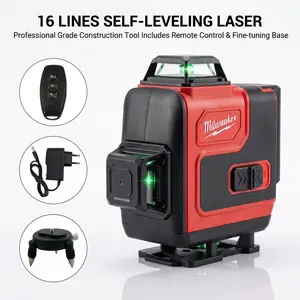 Milwaukee 16-Line Leveling Laser Level 2026, includes battery and charger, magnetic micro-adjustment base, ±0.3mm/10m accuracy, layout measurement tool for construction installation alignment, Milwaukee Mechanic's exclusive accessory tool.