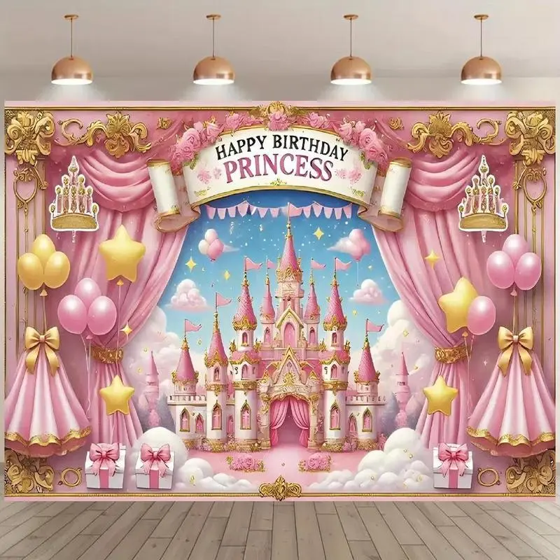 Polyester Princess Castle Pattern Happy Birthday Backdrop Banner - Colorful Wall Decoration with Letters, Geometric Accents, Easy Setup for Ceremony, Home & Party Supplies, Birthday Ideas, Party Decorations, Ornaments