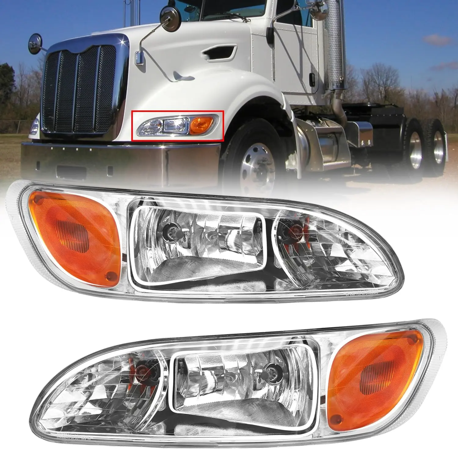 Chrome Halogen Headlight Assembly for 2005-2016 Peterbilt 325 330 335 337 340 348 382 384 386 387 Semi Truck, Plug & Play Driver / Passenger Side or Pair Front Headlamp Replacement (LH/RH, OE 16-09190R 16-09190L PB2503100)