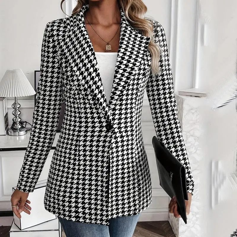 Women's Chic Houndstooth V-Neck Blazer - Canine Teeth Designs, Long-Sleeve Fitted Button-Front Jacket, Elegance, Business, Daily Chic, Casual for Office Wear