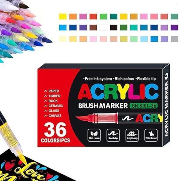 36Colors Brush Tip Acrylic Paint Pens, Art Automatic Ink Control Acrylic Paint Markers for Rock Painting, Ceramic, Wood, Canvas, Glass, Stone, Fabric, Card Making, DIY & Art Supplies modelpaintingmarkers,Pastel,Storage Box(Not edible)