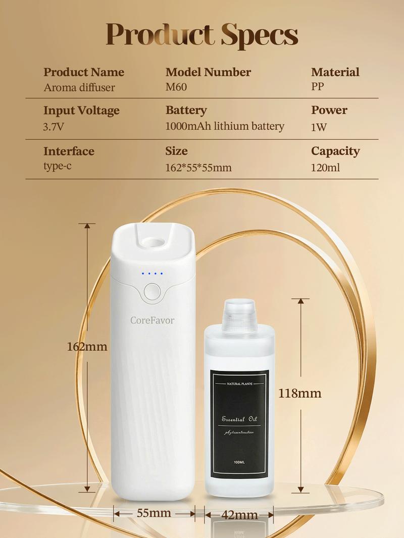 CoreFavor Waterless Essential Oil Diffuser, 4.06fl oz(120ml) Portable Battery Operated Cold Air Aroma Scent Machine, 4 Adjustable Intensity Levels, Quiet Diffuser for Bedroom, Office, Bathroom, Car
