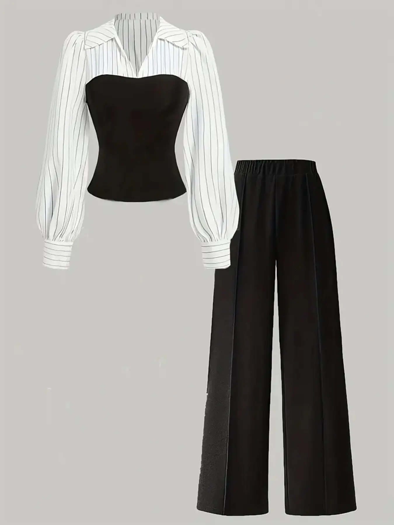 Women's Striped Patchwork Two-Piece Set, Basic Long Sleeve Puff Sleeve V-Neck Top & Wide Leg Pants, Versatile for Office & Casual Wear, Womenswear