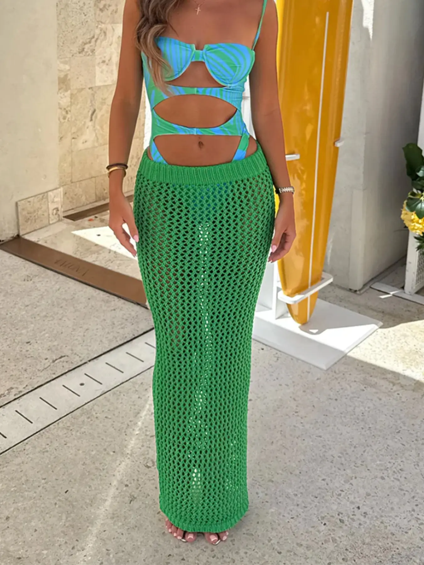 Fashion Hollow Out Texture Beach Cover-Up Skirt, Vacation Casual Knitted Slim Fit Skirt, Sexy Style, Plain Pattern, Swim Cover Ups, Swimwear Coverups, Summer Coverup, Swimsuit Cover Up, Women's Clothing