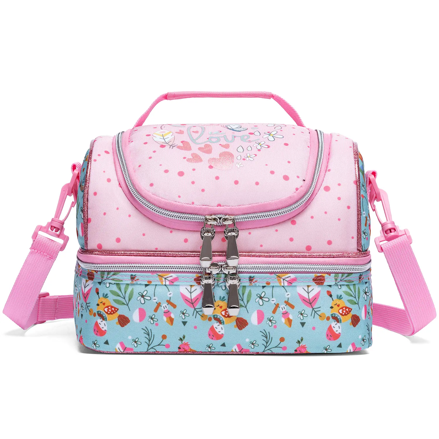 Girls' Cute 2-Tier Insulated Polyester Lunch Box with Pink Feather Animal Print - Leakproof Spill-Safe Seal, Machine Washable Crossbody/Shoulder Bag, Food-Freshening Design, Back to School Haul, Thoughtful Gift