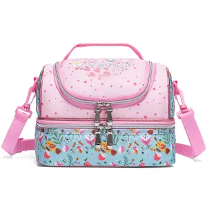 Double Decker Animal Pink Feather Lunch Box for Girls, Heavy Duty 2-Tier Insulated Lunch Bag, Machine Washable Leakproof Thermal Tote with Adjustable Strap, Large Capacity Cooler for School toddler gift