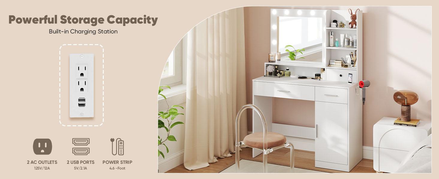Vanity Desk with Adjustable Lighten Mirror & Power Outlet, Makeup Desk for Bedroom with a Storage Stool and 3 Drawers, 6 Storage Shelves, White Dresser for Girls