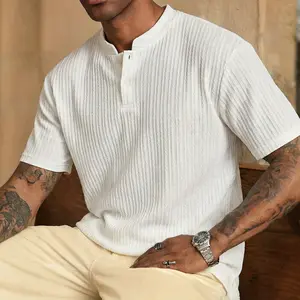 Men's Summer Solid Color Vertical Stripe Jacquard Henley-Collar Short-Sleeve T-Shirt Loose Fit Breathable Skin-Friendly Casual Commuter Retro Versatile Top - Menswear, Tshirt