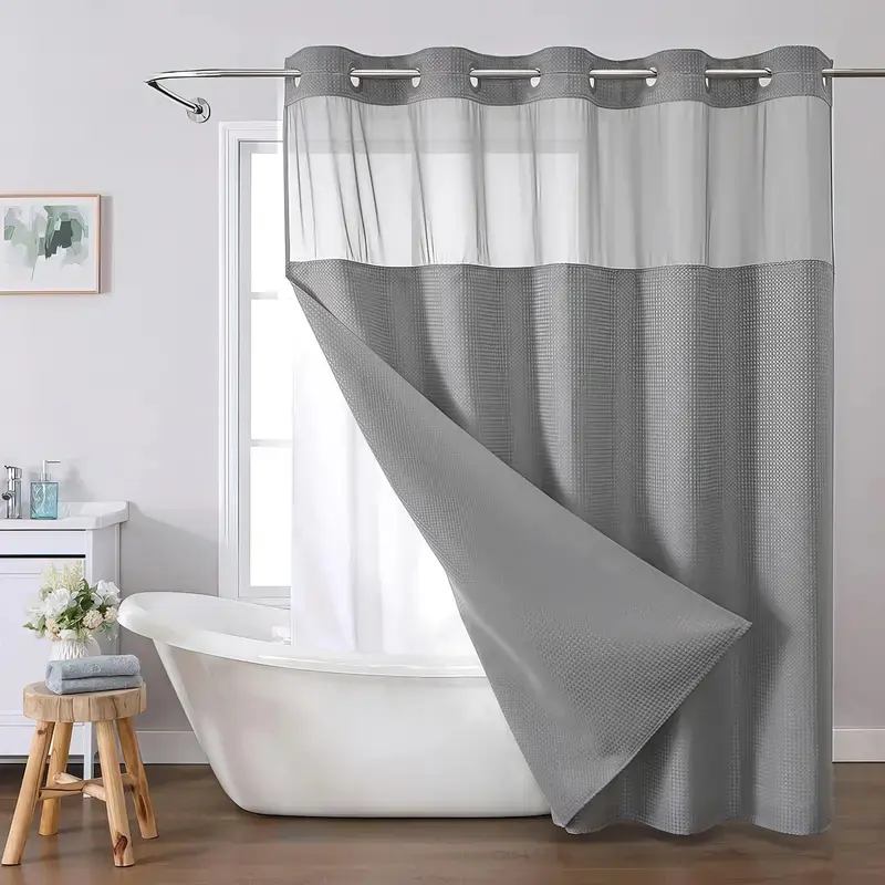 Magnetic Plain Privacy No-Hook Waffle Weave Shower Curtain Set with Snap-in Fabric Liner, Open Rings, Contemporary Grey Bath Decor, Water-Repellent, Machine Washable, Light-Filtering See-Through Top Window, Easy to Install, for Gym, Dorm