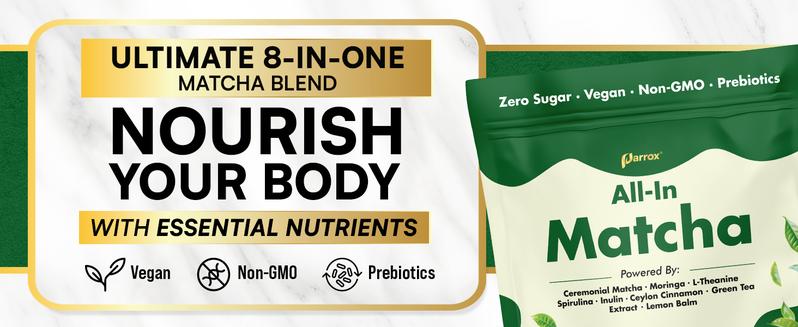 Parrox All-In Matcha with L-Theanine, Green Tea Extract & more for Clean Energy, Calm Focus, & Metabolic Healthcare - Ceremonial Grade - 100% First Harvest Japanese Tea (30 Servings)