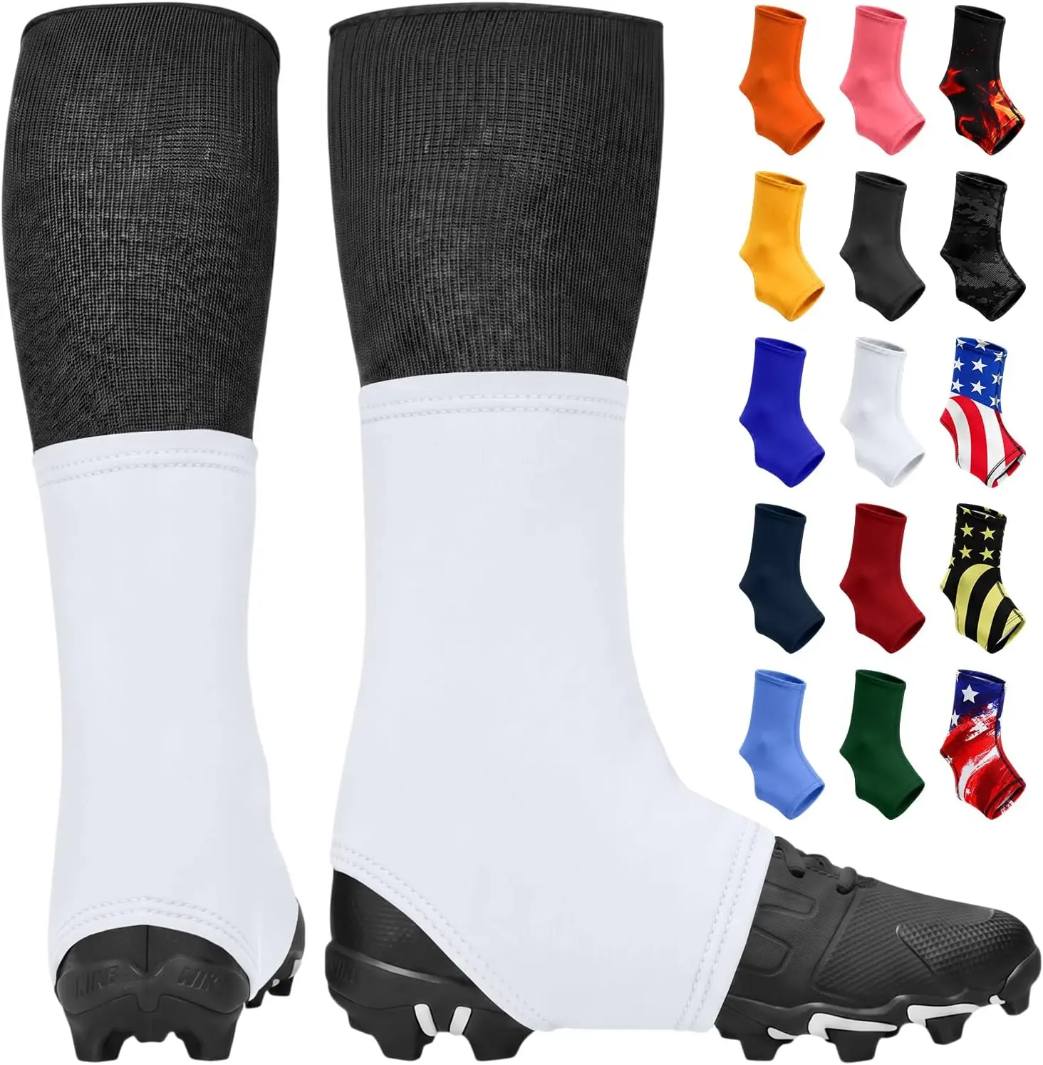 Exxact Sports Men's High-Performance Football Spats - Imported Clean White Polyester Spandex Cleat Covers, Flexible & Comfortable, Machine Washable, Sublimated Graphics, 10% Spandex, 4 Sizes, Perfect Fit Every Time