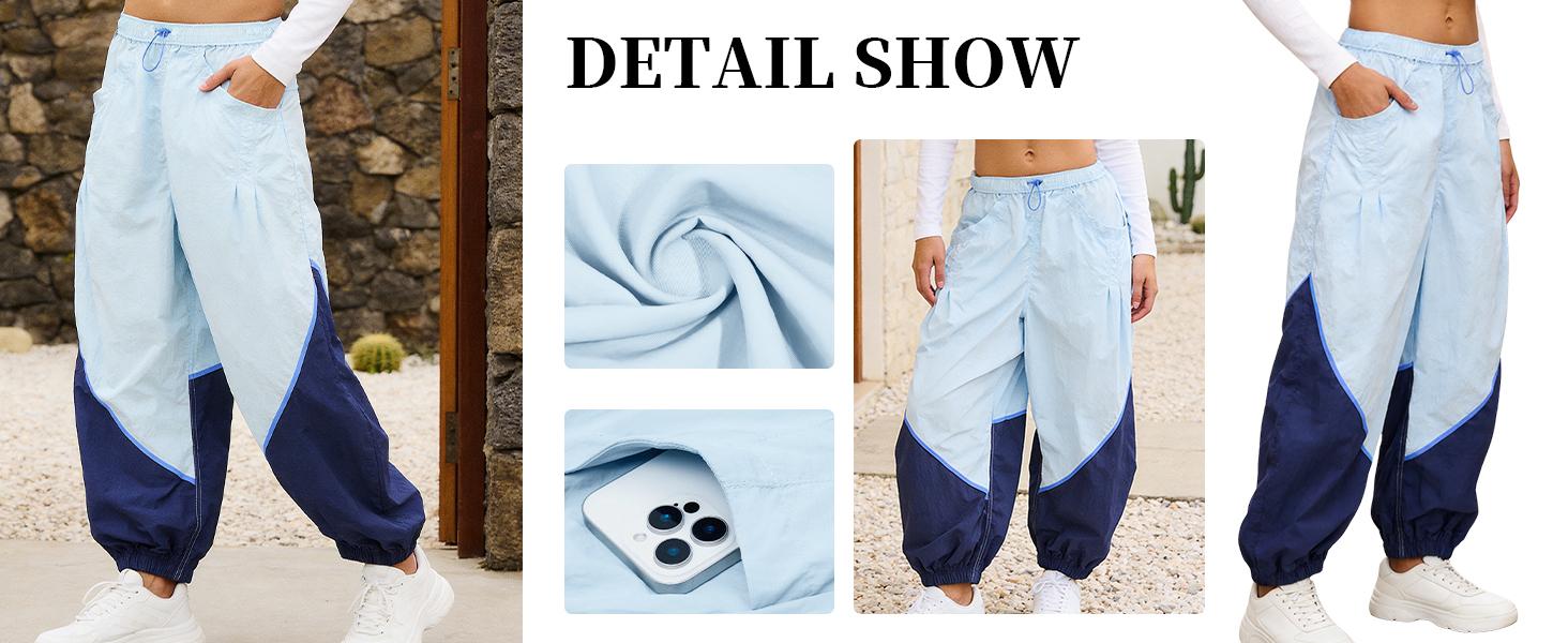 WoodBerry Women’s Slouchy Wide Leg Pants Elastic Adjustable Drawstring Waist Lightweight Quick Dry Sweatpants with Pockets Colorblock Loose Workout Track Pants
