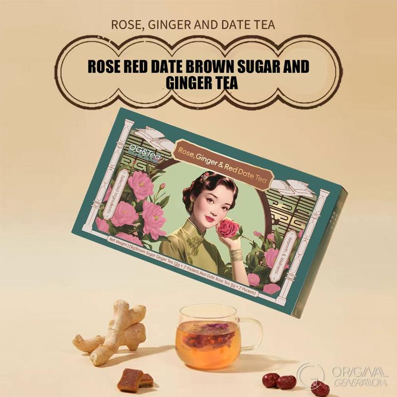 Rose Red Date Brown Sugar And Ginger Tea 7packs 119g(Brown Sugar And Ginger Tea 12g×7pcs)Rose And Red Date Tea (5g×7pcs)Caffeine Free With Red Date, Brown Sugar, Goji Berry, Rose, Bamboo And Ginger Rose Red Date Brown Sugar And Ginger Tea 7packs 119g(Brown Sugar And Ginger Tea 12g×7pcs)Rose And Red Date Tea (5g×7pcs)Caffeine Free With Red Date, Brown Sugar, Goji Berry, Rose, Bamboo And Ginger