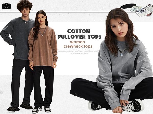 Gihuo Unisex Oversized Sweatshirt for Men Women Vintage Loose Fit Cotton Pullover Crewneck Baggy Acid Wash Long Sleeve Basic T-Shirt for Casual Wear Y2K