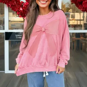 Asvivid Pink Mineral Wash Big Bow Patchwork Loose Fit Drop Shoulder Long Sleeve Pullover Sweatshirt Tops for Women